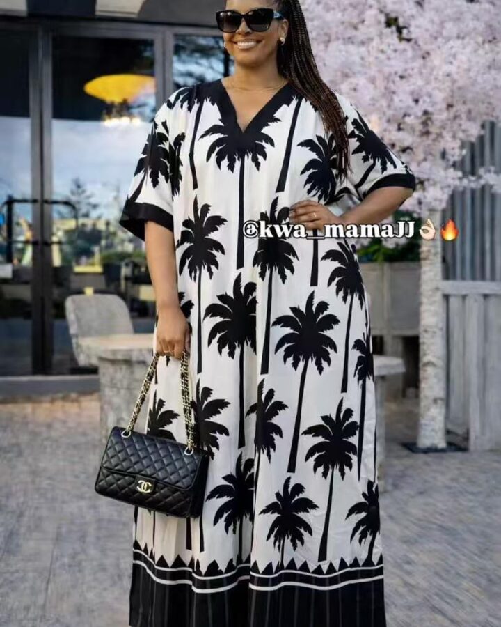 Monochrome Palm Print Kaftan Dress - fashion and occasion accessories in Nairobi
