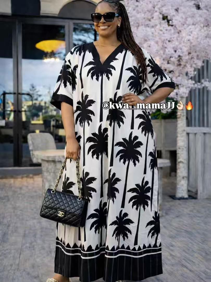 Monochrome Palm Print Kaftan Dress - fashion and occasion accessories in Nairobi