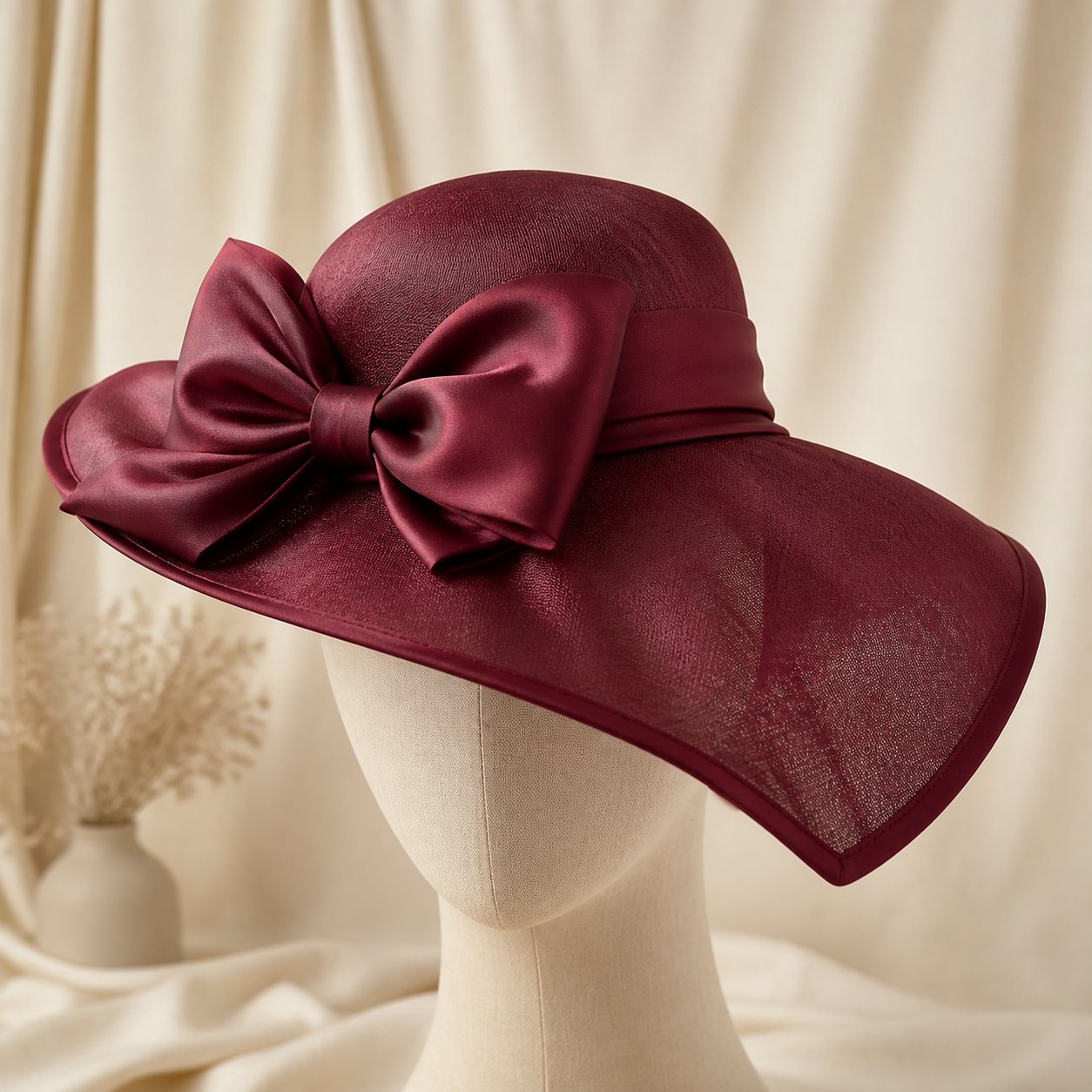 Burgundy Bow Wide-Brim Hat - church and wedding hats in Nairobi