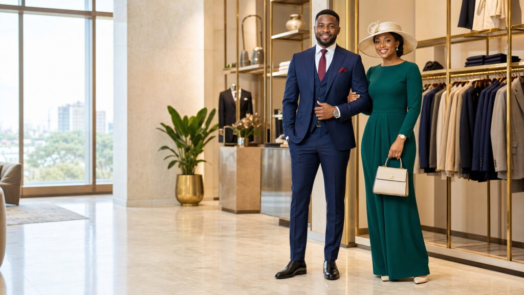 Stylish Kenyan couple in a navy suit and modest emerald dress with hat, handbag and formal shoes.