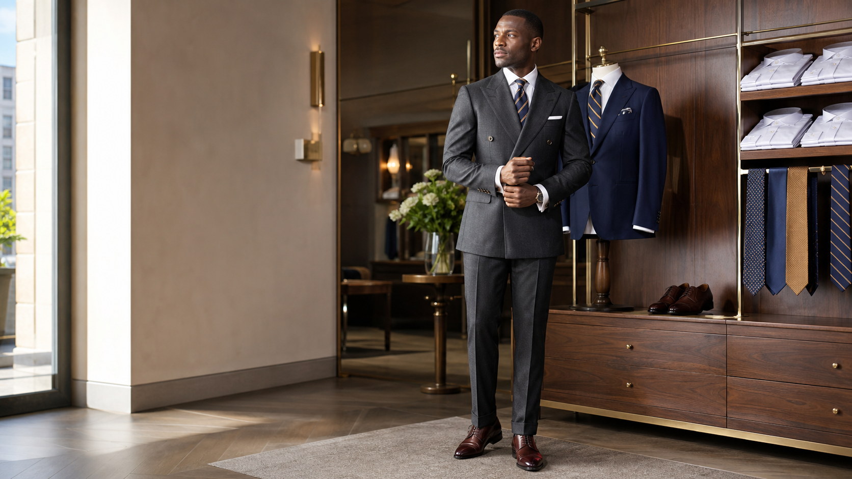 Kenyan gentleman wearing a charcoal double-breasted suit with white shirt, tie, watch and polished dress shoes.