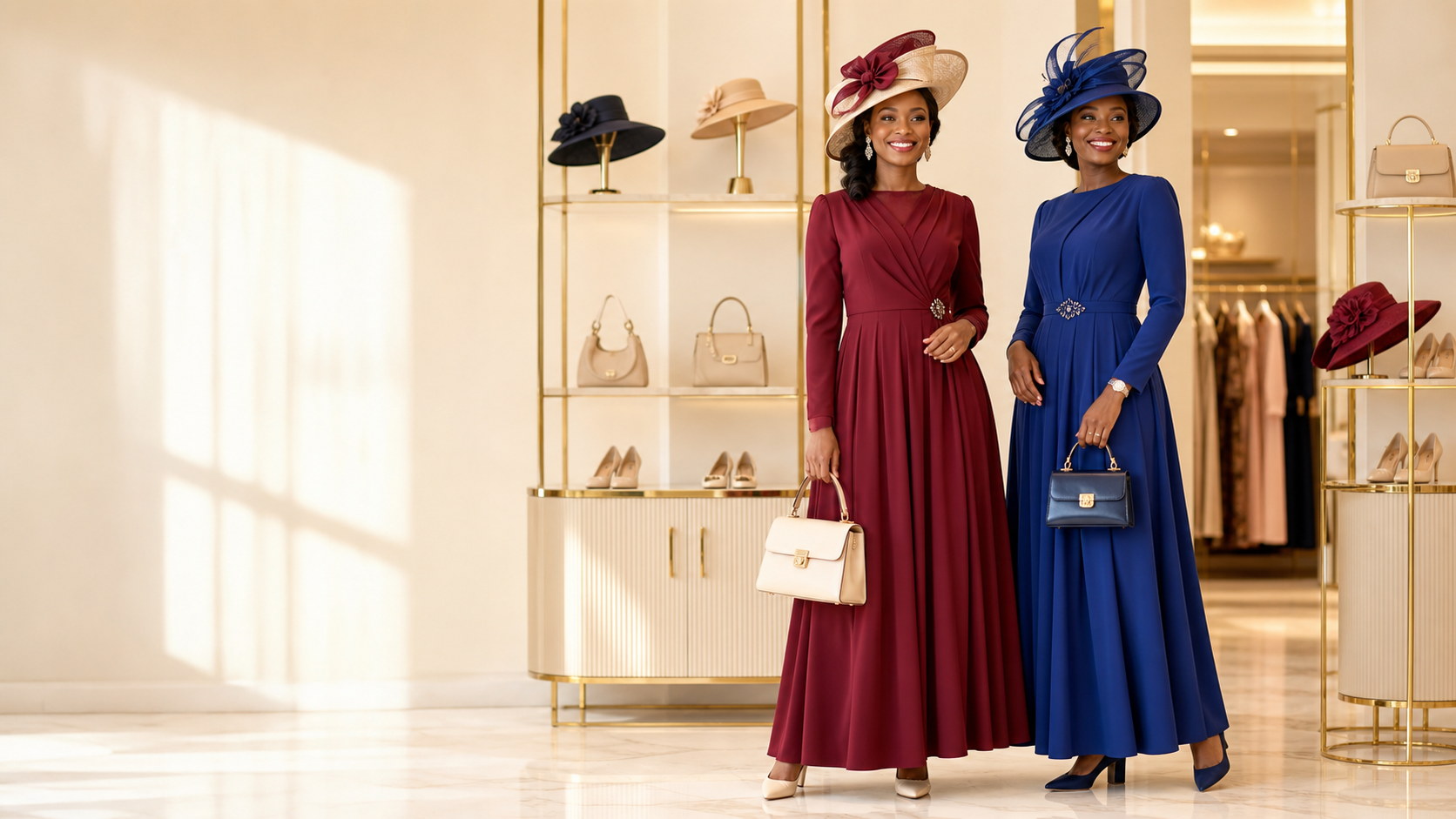 Two Kenyan women in modest burgundy and royal-blue long dresses with elegant hats, handbags and closed-toe shoes.