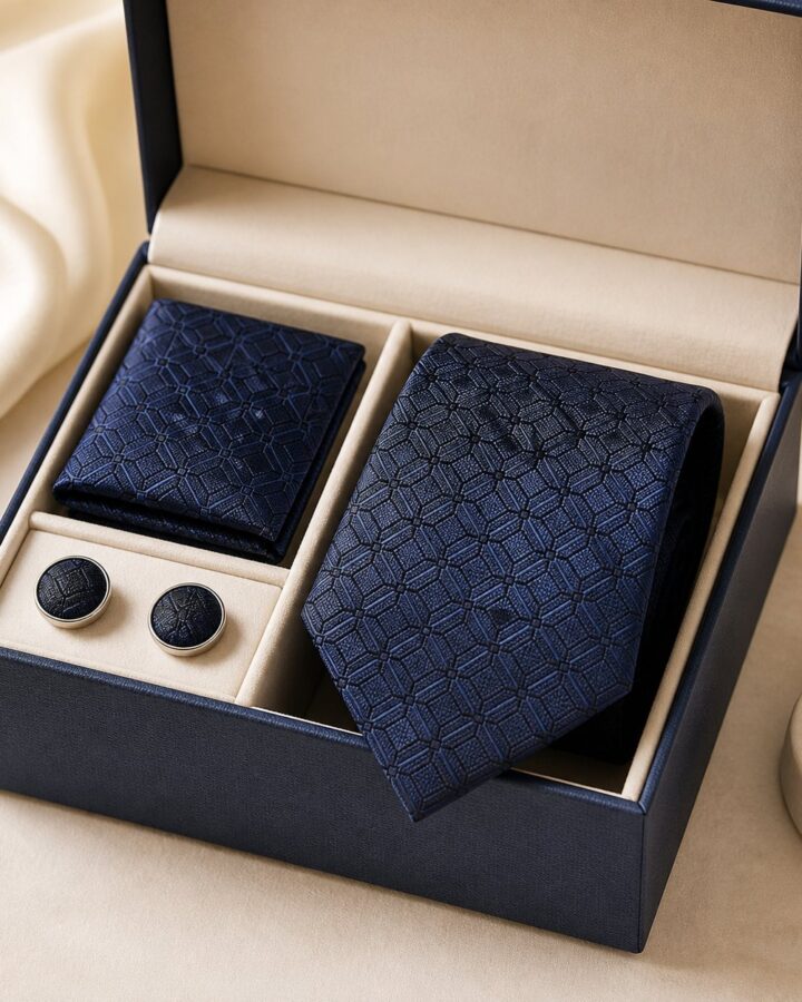 Navy Geometric Wedding Tie Set - wedding ties and pocket squares in Nairobi