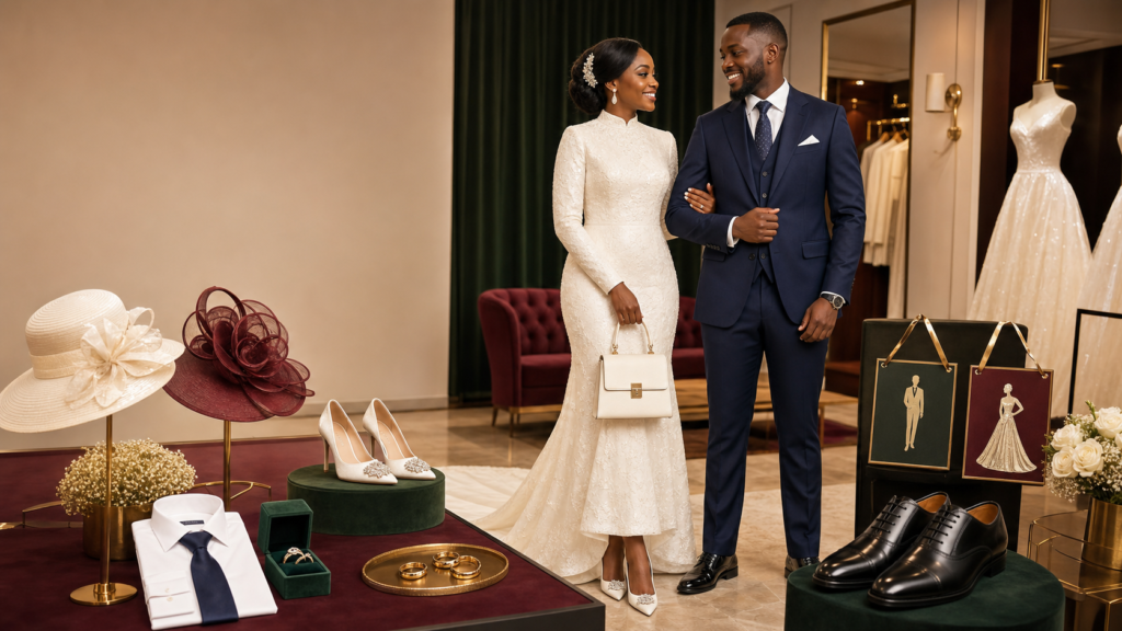 Trina Shoppy wedding collection with bride, groom and coordinated accessories