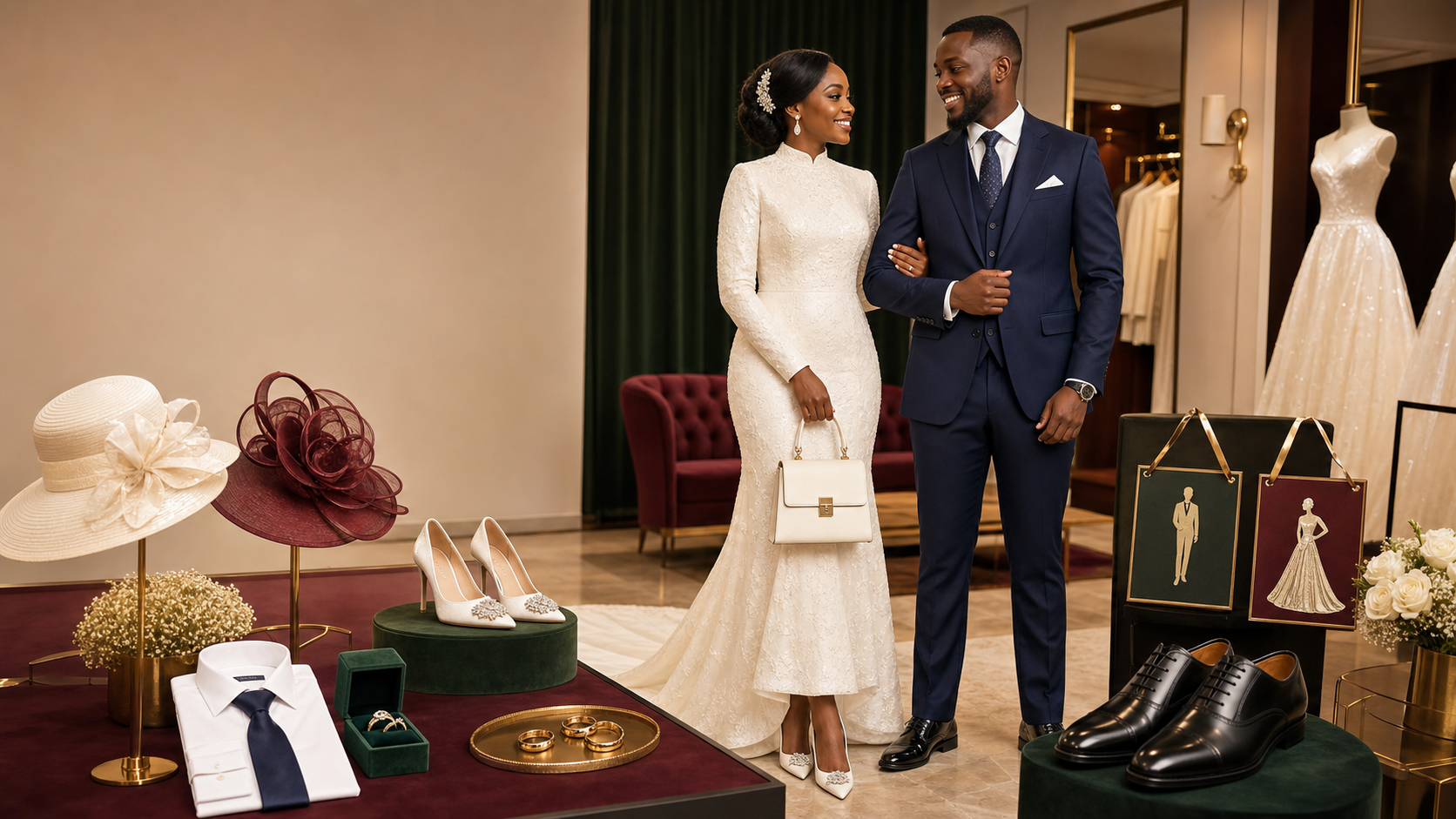 Trina Shoppy wedding collection with bride, groom and coordinated accessories