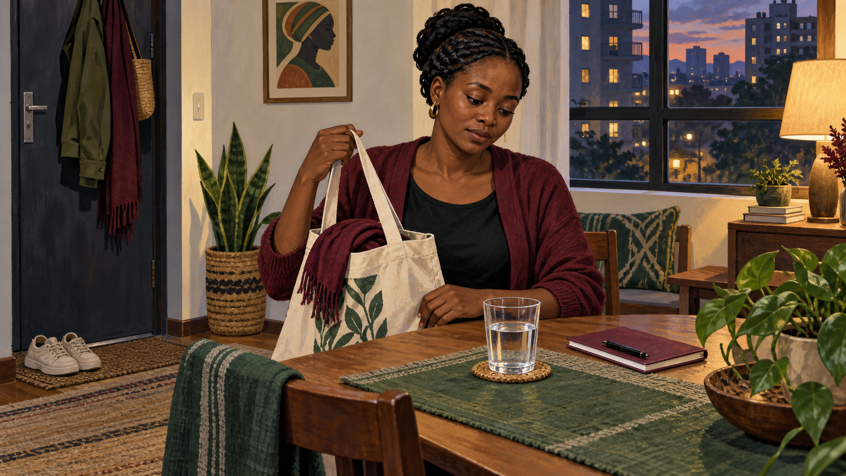 Editorial illustration of a Kenyan woman setting down her tote bag at home beside a notebook and glass of water at evening.