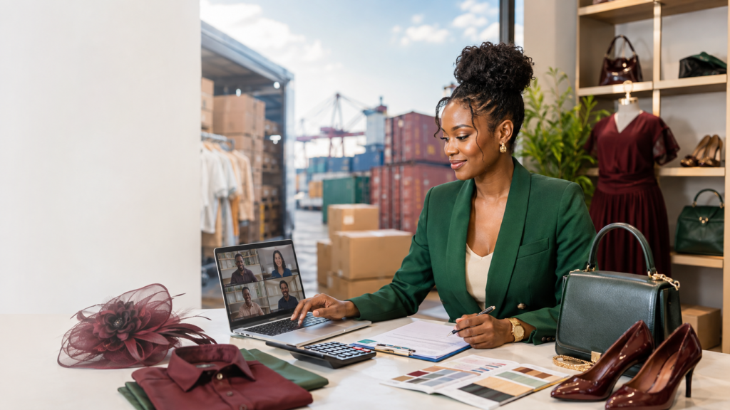Kenyan entrepreneur planning an import business with products, shipping containers and the Import Smart Kenya course