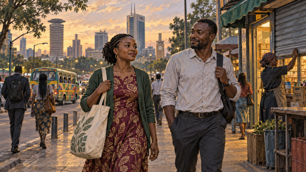 Editorial illustration of Kenyan commuters carrying bags along a Nairobi street at sunset as a trader closes her shop.